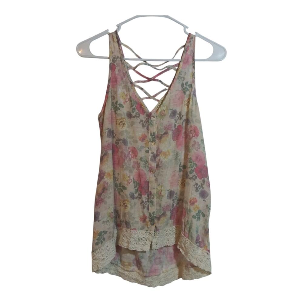 Eyelash Couture Floral Lace Trim Tank Top Crisscross Back Cottage Semi Sheer M